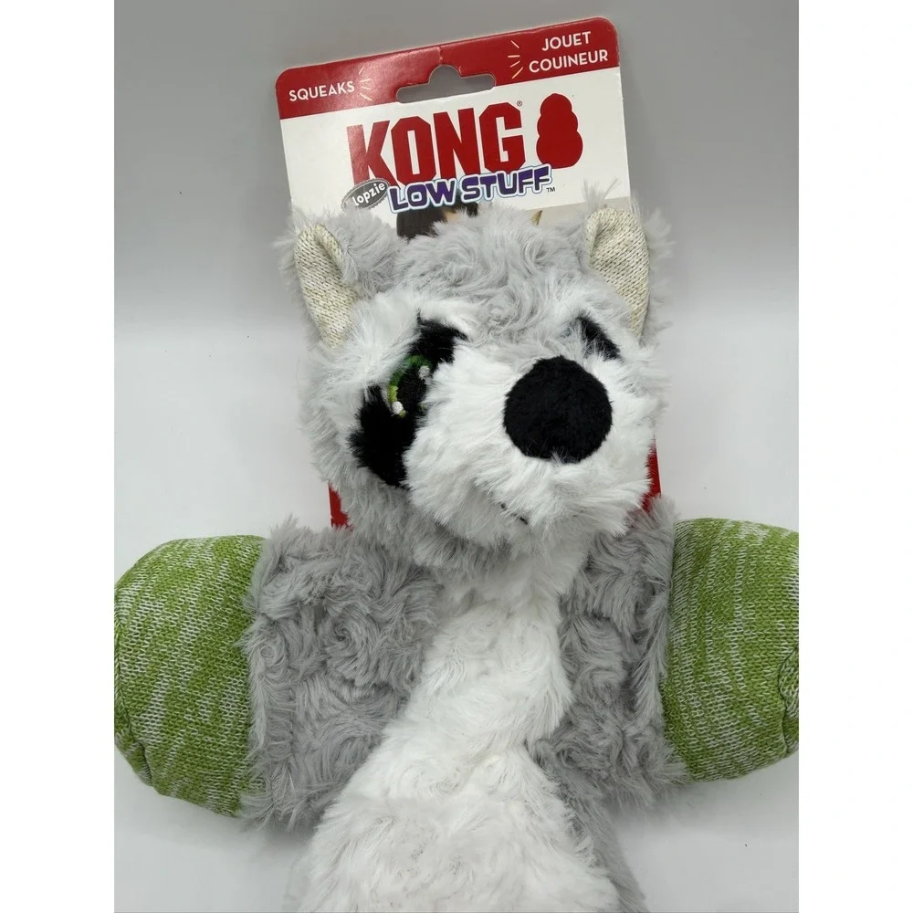 KONG Flopzie Low Stuff Raccoon Dog Toy Squeaky Weighted Medium LWF24